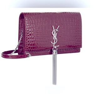 SAINT LAURENT Kate Tassel Croc-Embossed Chain Wallet burgundy